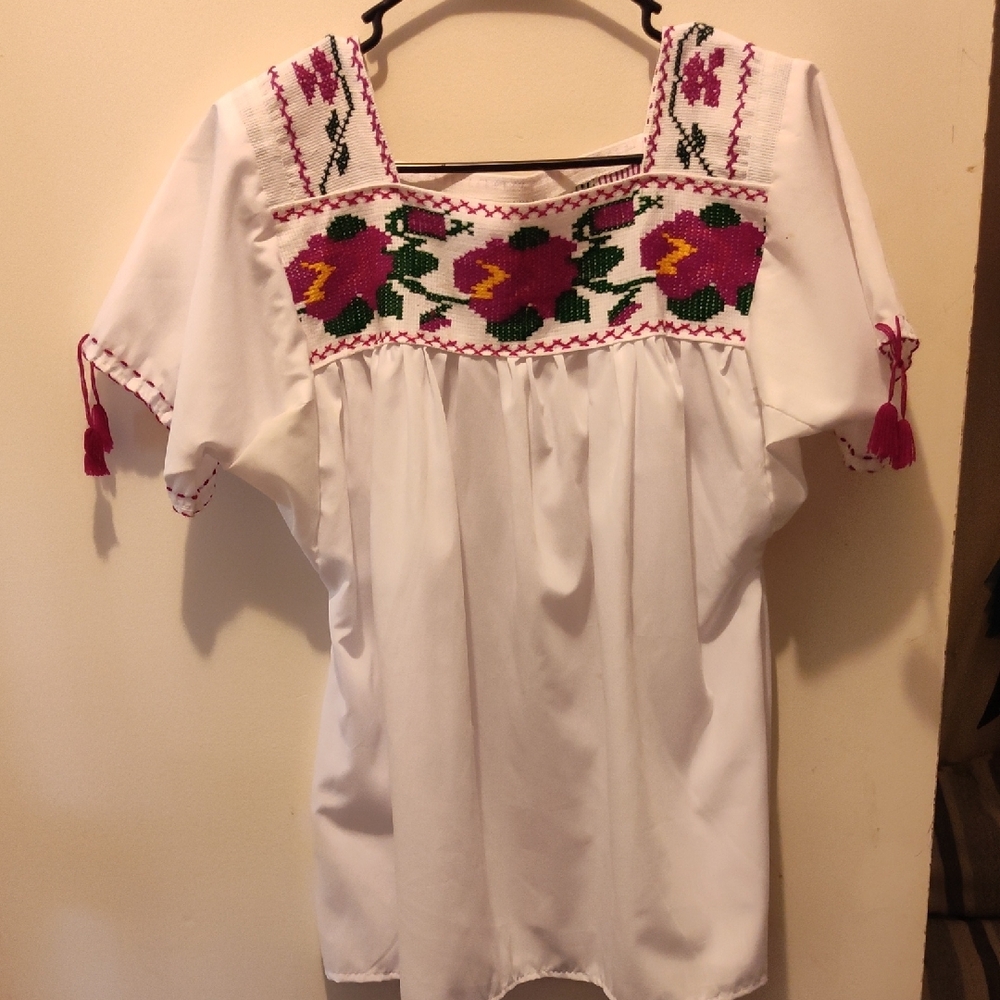 Embroidered White and Pink Women's Top